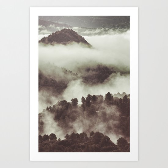 Foggy morning at the mountains. Retro forest Art Print
