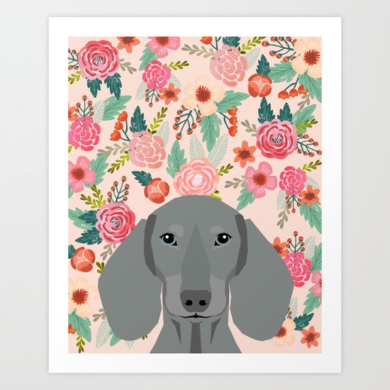 Dachshund pet portrait custom dog art by pet friendly grey dachsie doxie gifts Art Print