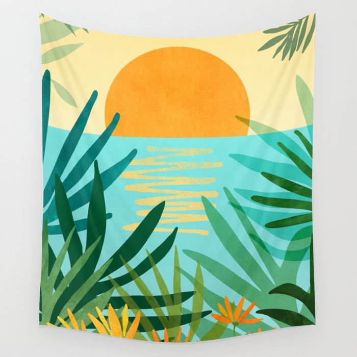 Tropical Ocean View Landscape Illustration Wall Tapestry