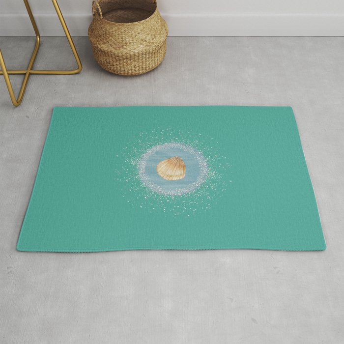 Watercolor Seashell and Blue Circle on Turquoise Green Rug