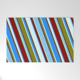 [ Thumbnail: Vibrant Blue, Light Sky Blue, Light Cyan, Green & Dark Red Colored Lined/Striped Pattern Welcome Mat ]