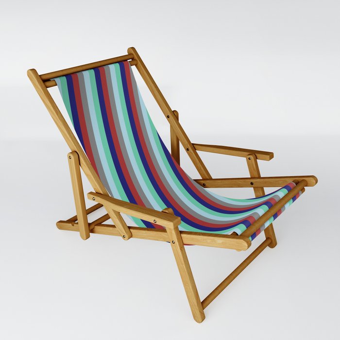 Colorful Brown, Grey, Light Blue, Aquamarine & Midnight Blue Colored Striped Pattern Sling Chair