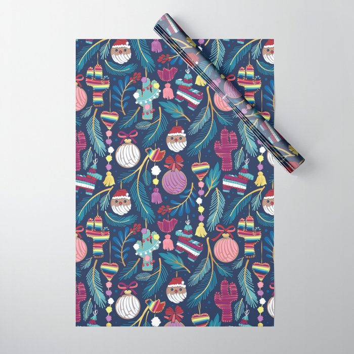 Mexican Christmas Tree // blue background blue pine leaves multicoloured holiday decorations pan dulce balls cacti hearts birds pom-pom garland pinatas santa claus conchas donuts Wrapping Paper