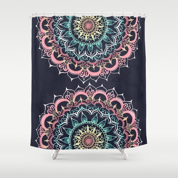 Pink Cream Soft Turquoise Glow Medallion On Navy Shower Curtain
