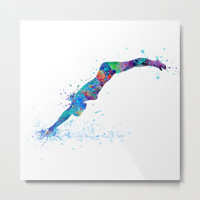 Swimmer Girl Watercolor Silhouette Metal Print
