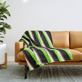 [ Thumbnail: Eyecatching Hot Pink, Brown, White, Chartreuse & Black Colored Pattern of Stripes Throw Blanket ]