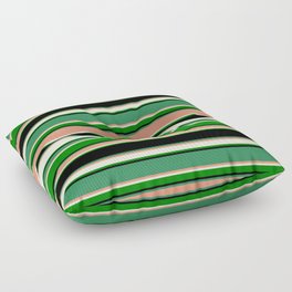 [ Thumbnail: Eye-catching Sea Green, Dark Salmon, Beige, Green, and Black Colored Lined Pattern Floor Pillow ]
