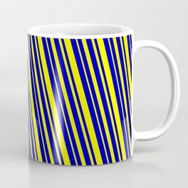 [ Thumbnail: Blue & Yellow Colored Striped/Lined Pattern Coffee Mug ]
