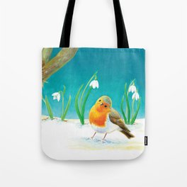 Robin Red Breast Bird and Snowdrops Illustration by Julia Doria  Tote Bag