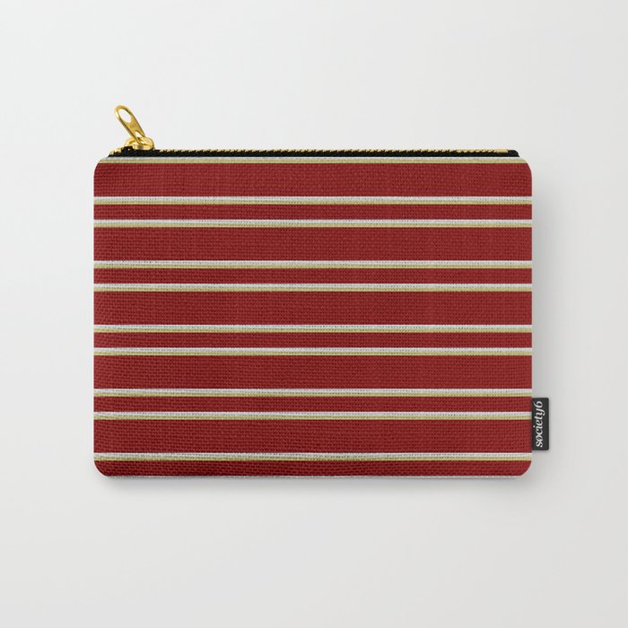 Maroon, Light Grey & Dark Khaki Colored Lined/Striped Pattern Carry-All Pouch