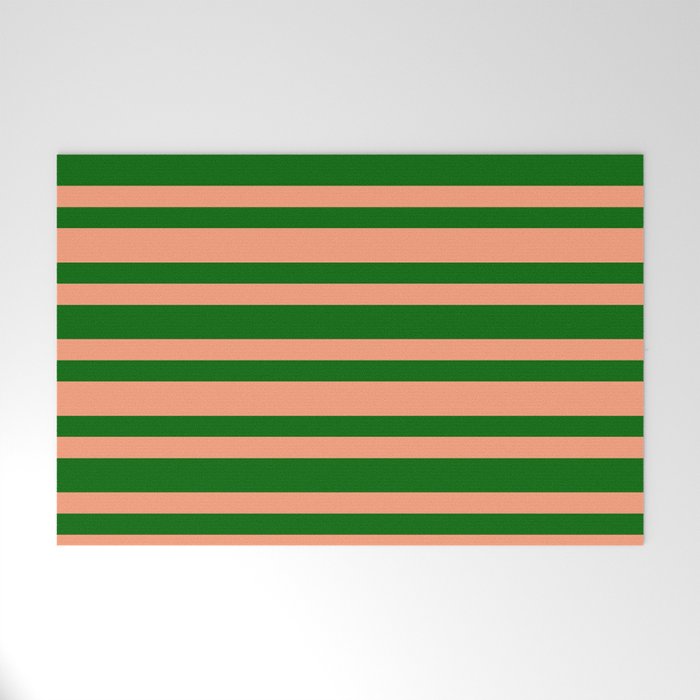 Dark Green & Light Salmon Colored Striped/Lined Pattern Welcome Mat