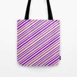 [ Thumbnail: Dark Violet, Grey, and Beige Colored Striped Pattern Tote Bag ]