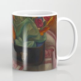 Violin case with orchid, dahlias, & calla lily flowers still life portrait painting by Mark Gertler for home, bedroom, living room, and wall decor Coffee Mug