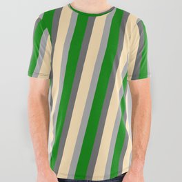 [ Thumbnail: Dim Grey, Beige, Dark Gray, and Green Colored Lines/Stripes Pattern All Over Graphic Tee ]