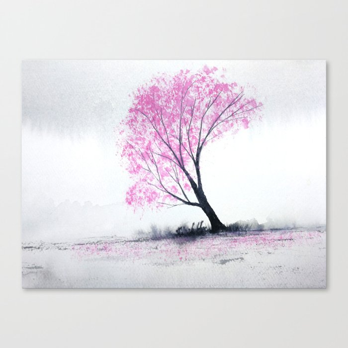 watercolor landscape pink tree cherry blossom or sakura leaf falling in  ground. traditional oriental ink asia art style.hand drawn on paper. Canvas  Print by atichat