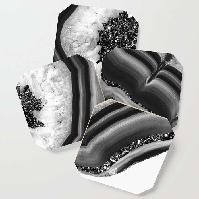Gray Black White Agate with Black Silver Glitter #1 (Faux Glitter) #gem #decor #art #society6 Coaster