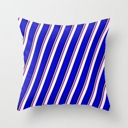 [ Thumbnail: Colorful Grey, Dark Violet, White, Blue & Black Colored Stripes Pattern Throw Pillow ]
