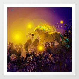 Unicorn In The Night Of Glow - My Fantasy Garden #decor #society6 #buyart Art Print