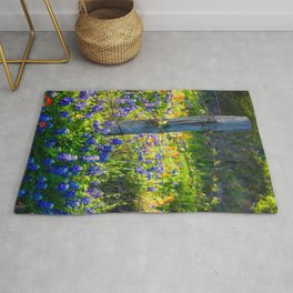 Country Living - Fence Post and Vines Among Bluebonnets and Indian Paintbrush Wildflowers Rug