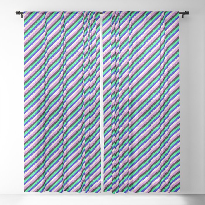 Eyecatching Green, Blue, Beige, Orchid & Black Colored Stripes Pattern Sheer Curtain