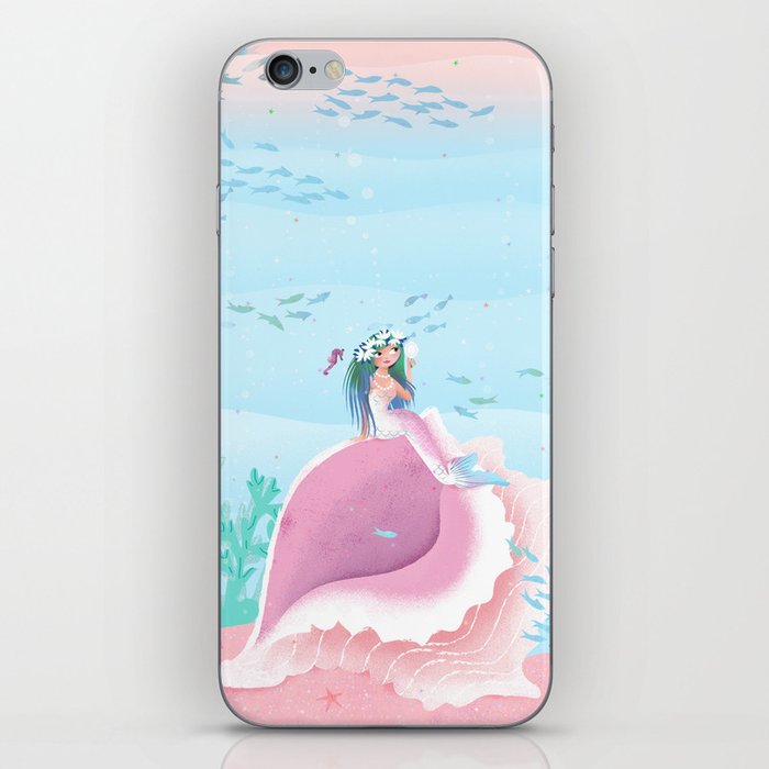 Mermaid admiring herself in a mirror children’s illustration iPhone Skin