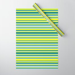 [ Thumbnail: Yellow, Teal, and Light Blue Colored Stripes Pattern Wrapping Paper ]