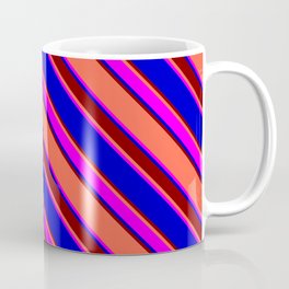 [ Thumbnail: Red, Fuchsia, Blue & Maroon Colored Stripes/Lines Pattern Coffee Mug ]