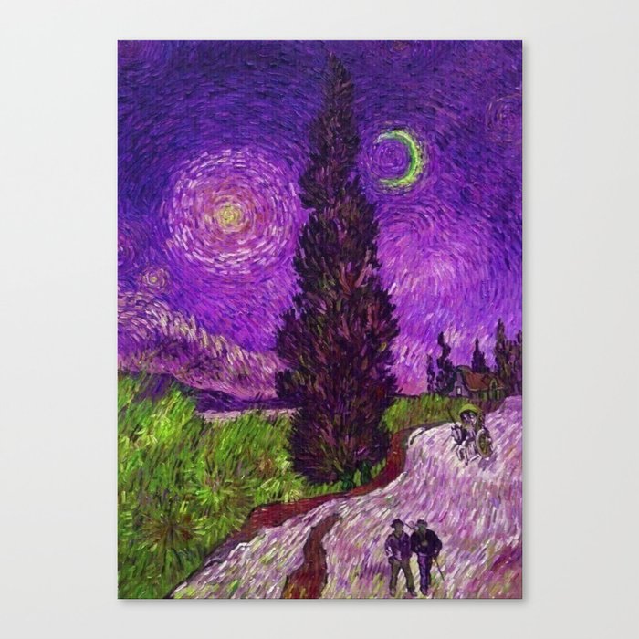 Road with Cypress and Star; Country Road in Provence by Night, oil-on-canvas post-impressionist landscape painting by Vincent van Gogh in alternate purple twilight sky Canvas Print