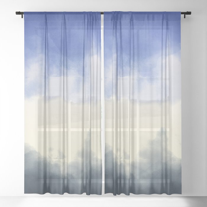 Abstract Watercolor Navy Blue Gray Ivory Ombre Sheer Curtain By