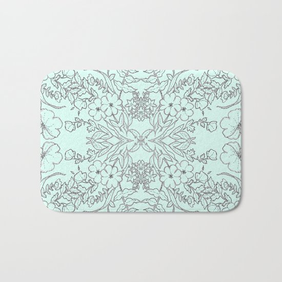 Dotted Floral Scroll in Mint and Grey Bath Mat