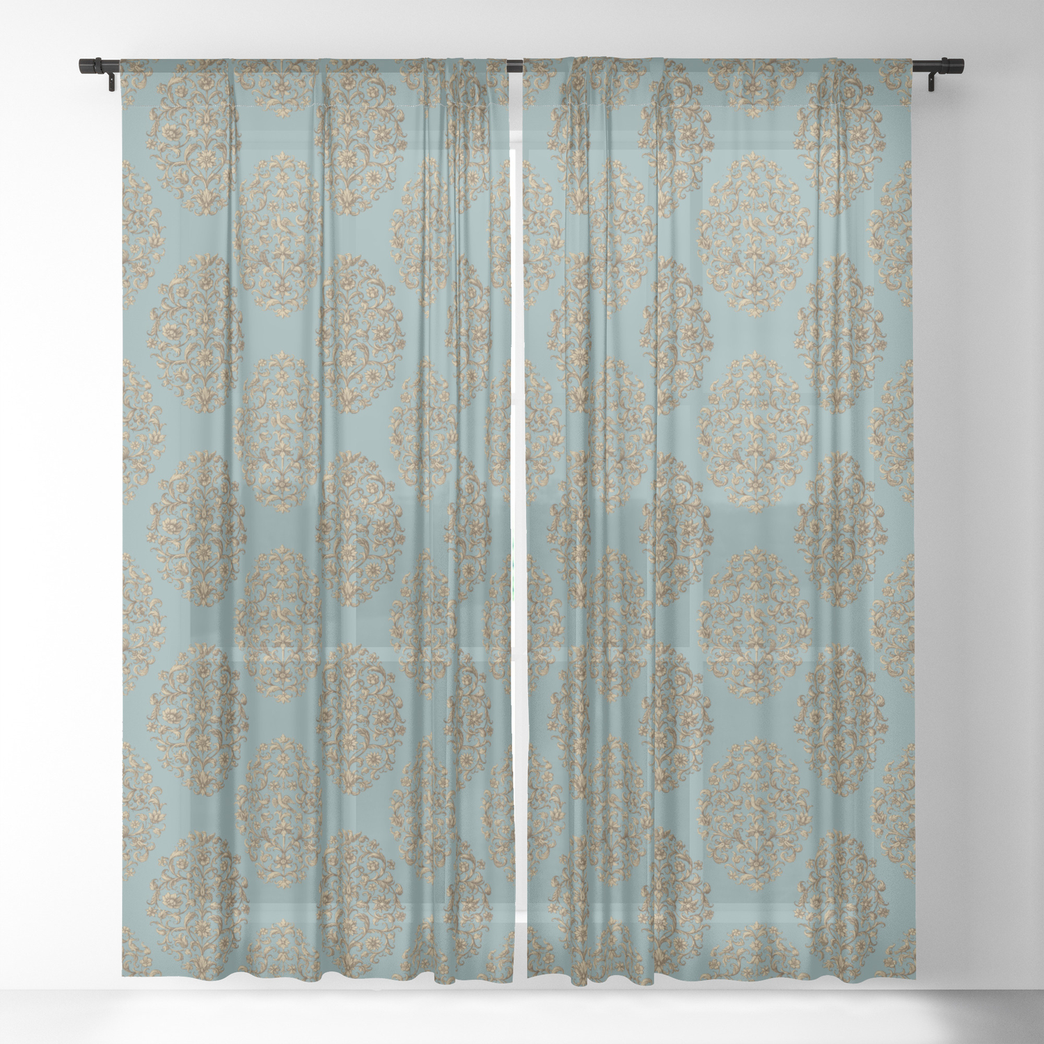 Bird And Flowers Baroque Pattern Blue Tan Brown Sheer Curtain By Wickedrefined Society6