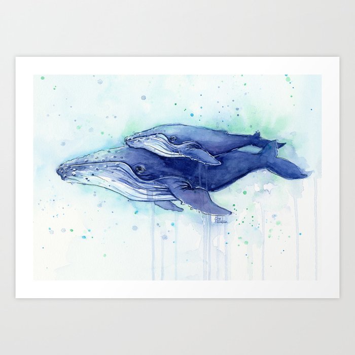 Humpback Whale Watercolor Mom and Baby Painting Whales Sea Creatures Art Print