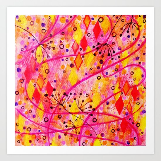 INTO THE FALL - Beautiful Nature Autumn Floral Raspberry Pink Cherry Abstract Watercolor Painting Art Print