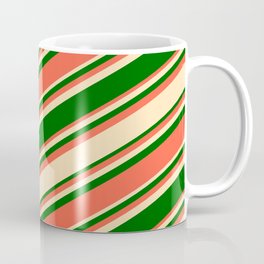 [ Thumbnail: Beige, Dark Green & Red Colored Lined Pattern Coffee Mug ]