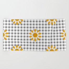 Gray Beige Colored Checker Board Effect Grid Illustration with Yellow Mustard Daisy Flowers Beach Towel
