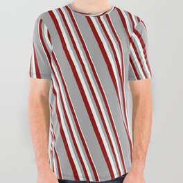 [ Thumbnail: Mint Cream, Dark Red, and Dark Grey Colored Lines Pattern All Over Graphic Tee ]