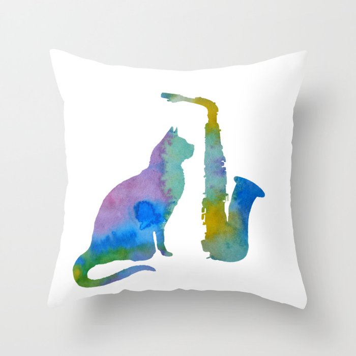 Cat With Saxophone Art Throw Pillow