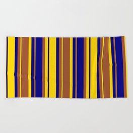 [ Thumbnail: Yellow, Sienna & Blue Colored Striped Pattern Beach Towel ]