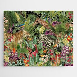 Tropical Eden Jungle on Black Vintage Print Jigsaw Puzzle