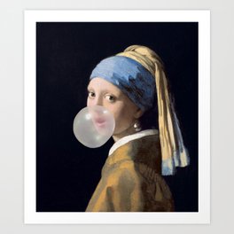 Girl with pearl earring blowing grey bubble gum Art Print