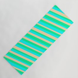[ Thumbnail: Aqua, Tan, and Green Colored Striped/Lined Pattern Yoga Mat ]