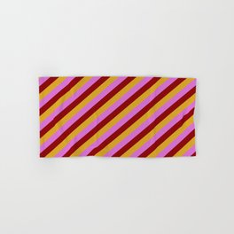 [ Thumbnail: Goldenrod, Orchid, and Dark Red Colored Pattern of Stripes Hand & Bath Towel ]