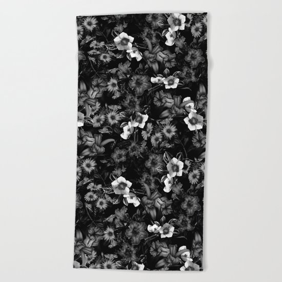 Black and White Floral Pattern Beach Towel