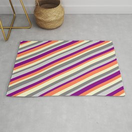 [ Thumbnail: Colorful Light Yellow, Gray, Light Gray, Purple & Coral Colored Lines/Stripes Pattern Rug ]