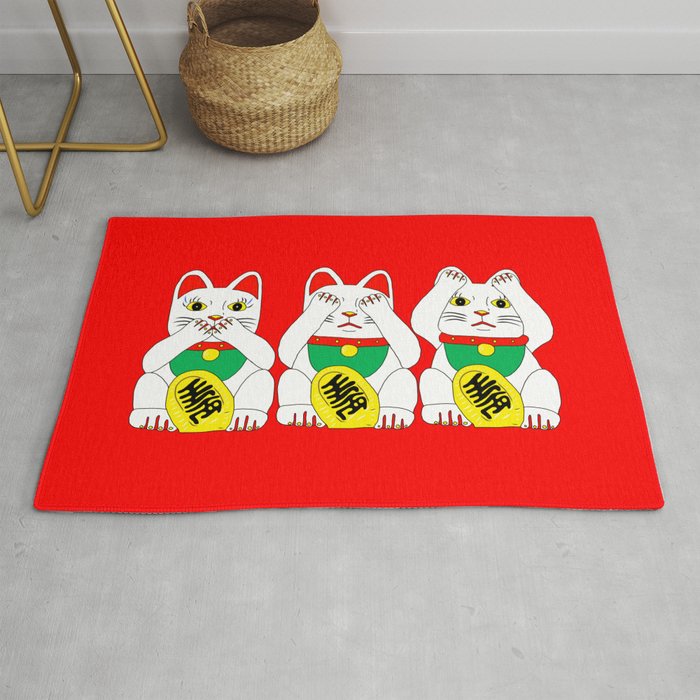 Three Wise Lucky Cats on Red Rug