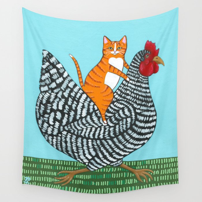 Ginger Cat Chicken Ride Wall Tapestry