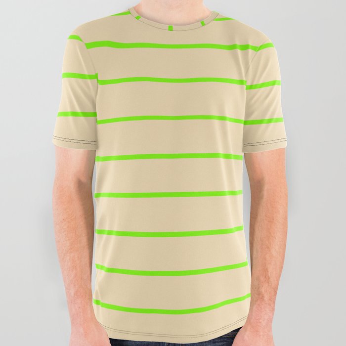 Green & Tan Colored Striped Pattern All Over Graphic Tee