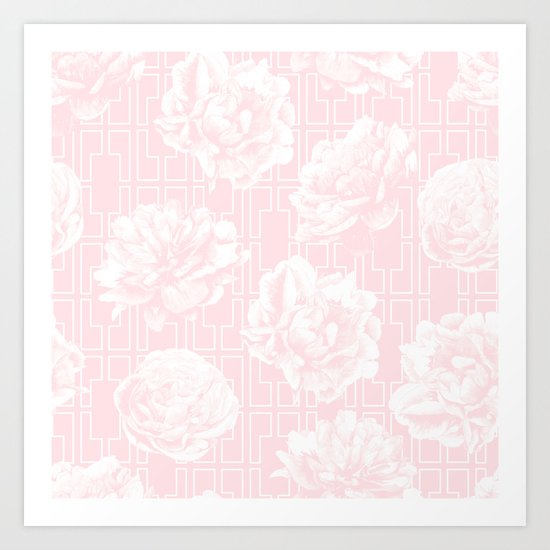 Rose Garden Pink Flamingo on White Mid-Century Lattice Art Print