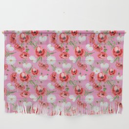 Daisy and Poppy Seamless Pattern on Pink Background Wall Hanging