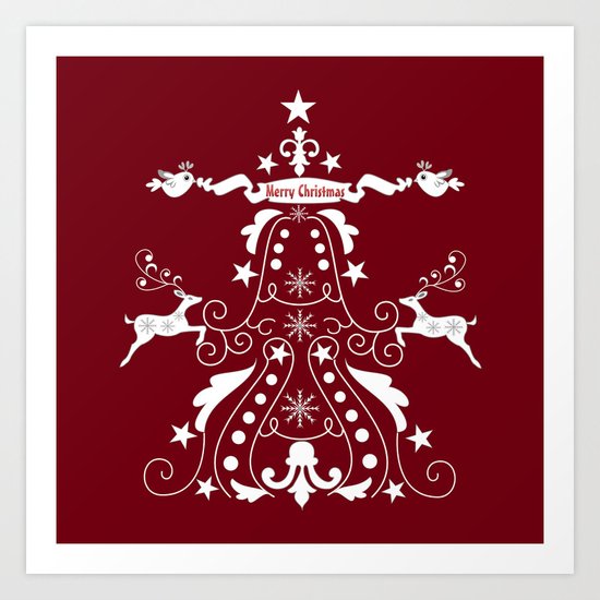 Retro damask christmas tree with reindeer Art Print